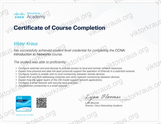 Náhled certifikátu CCNA: Introduction to Networks